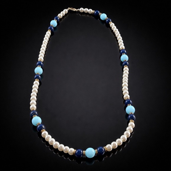 Ocean Sky Blue & Pearl Colored Glass Beaded Necklace Lapis Accents - Picture 2 of 7